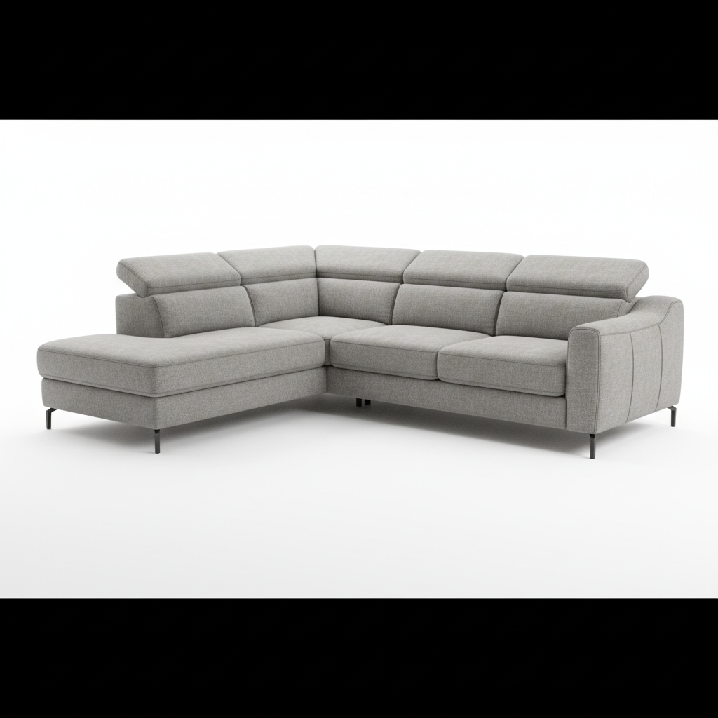 Create a ultra-realistic 4K product image of a [Echo Grey – L-Shape Fabric Sofa

].
The product should be centered, photographed in a professional studio setup.
Pure white background (#FFFFFF).
No text, no logos, no watermarks, no buttons, no people.
Soft natural lighting with realistic shadows.
High detail, sharp focus, premium ecommerce photography style.
Clean, minimal, modern look.
Square format, 1:1 aspect ratio.
Resolution 4096 × 4096 pixels.
