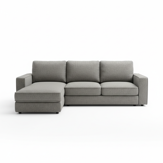 Create a ultra-realistic 4K product image of a [Echo Grey – L-Shape Fabric Sofa

].
The product should be centered, photographed in a professional studio setup.
Pure white background (#FFFFFF).
No text, no logos, no watermarks, no buttons, no people.
Soft natural lighting with realistic shadows.
High detail, sharp focus, premium ecommerce photography style.
Clean, minimal, modern look.
Square format, 1:1 aspect ratio.
Resolution 4096 × 4096 pixels.
