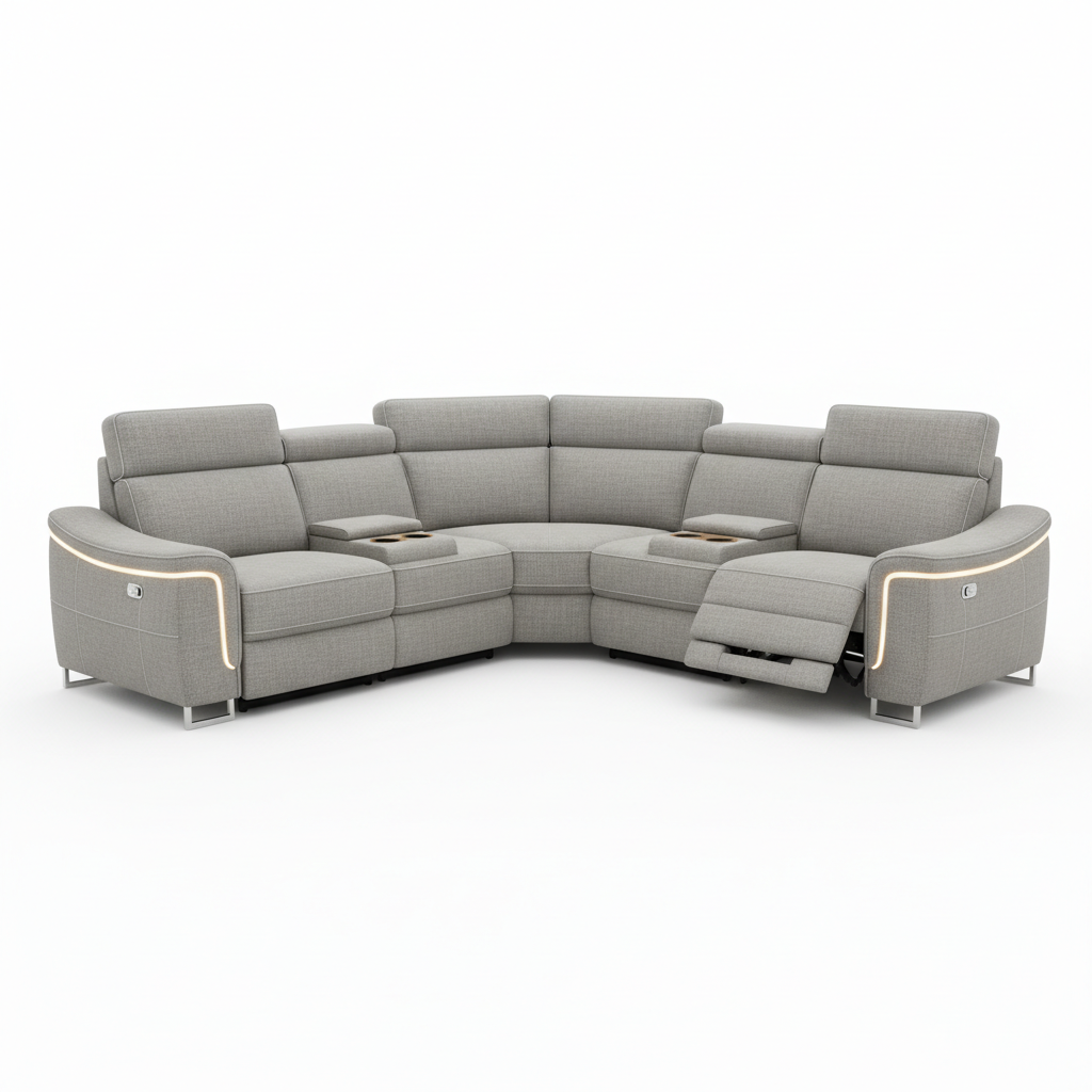 Create a ultra-realistic 4K product image of a [LuxeGlow LED Power Recliner Corner Sofa].
The product should be centered, photographed in a professional studio setup.
Pure white background (#FFFFFF).
No text, no logos, no watermarks, no buttons, no people.
Soft natural lighting with realistic shadows.
High detail, sharp focus, premium ecommerce photography style.
Clean, minimal, modern look.
Square format, 1:1 aspect ratio.
Resolution 4096 × 4096 pixels.
