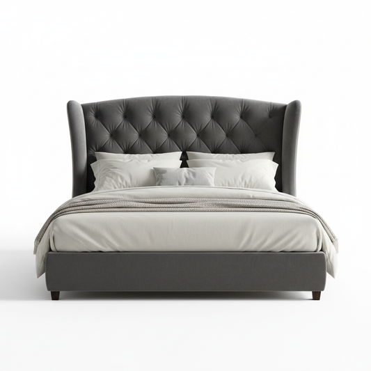 Create an ultra-realistic 4K product image of a modern luxury bed called “[Chester Wingback Bed]”.
The bed should be fully visible and centered, photographed in a professional studio setup.
Pure white background (#FFFFFF).
No text, no logos, no watermarks, no buttons, no people.
Soft natural lighting with realistic shadows.
High detail, sharp focus, premium ecommerce photography style.
Clean, minimal, modern look.
Square format, 1:1 aspect ratio.
Resolution 4096 × 4096 pixels.
