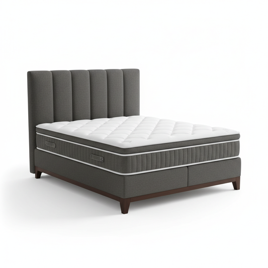 Create an ultra-realistic 4K product image of a modern luxury bed called “[Divan Base, Headboard and Mattress]”.
The bed should be fully visible and centered, photographed in a professional studio setup.
Pure white background (#FFFFFF).
No text, no logos, no watermarks, no buttons, no people.
Soft natural lighting with realistic shadows.
High detail, sharp focus, premium ecommerce photography style.
Clean, minimal, modern look.
Square format, 1:1 aspect ratio.
Resolution 4096 × 4096 pixels.