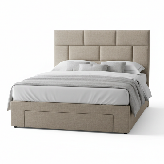 Create an ultra-realistic 4K product image of a modern luxury bed called “Divan with Cube Headboard”.
The bed should be fully visible and centered, photographed in a professional studio setup.
Pure white background (#FFFFFF).
No text, no logos, no watermarks, no buttons, no people.
Soft natural lighting with realistic shadows.
High detail, sharp focus, premium ecommerce photography style.
Clean, minimal, modern look.
Square format, 1:1 aspect ratio.
Resolution 4096 × 4096 pixels.