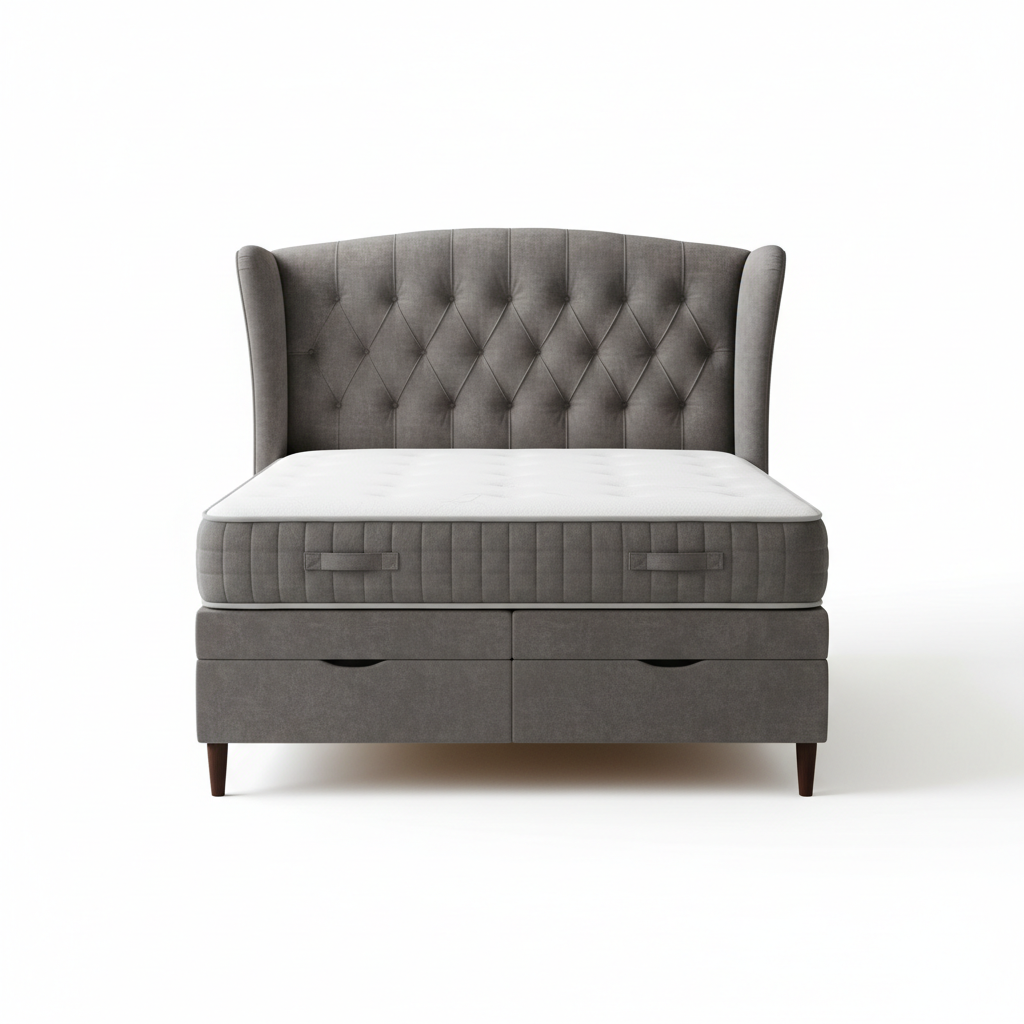 Create an ultra-realistic 4K product image of a modern luxury bed called “[Wingback Divan Bed]”.
The bed should be fully visible and centered, photographed in a professional studio setup.
Pure white background (#FFFFFF).
No text, no logos, no watermarks, no buttons, no people.
Soft natural lighting with realistic shadows.
High detail, sharp focus, premium ecommerce photography style.
Clean, minimal, modern look.
Square format, 1:1 aspect ratio.
Resolution 4096 × 4096 pixels.