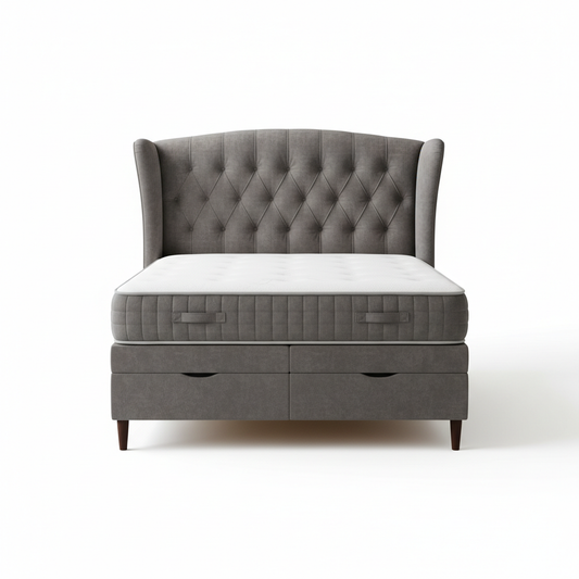 Create an ultra-realistic 4K product image of a modern luxury bed called “[Wingback Divan Bed]”.
The bed should be fully visible and centered, photographed in a professional studio setup.
Pure white background (#FFFFFF).
No text, no logos, no watermarks, no buttons, no people.
Soft natural lighting with realistic shadows.
High detail, sharp focus, premium ecommerce photography style.
Clean, minimal, modern look.
Square format, 1:1 aspect ratio.
Resolution 4096 × 4096 pixels.