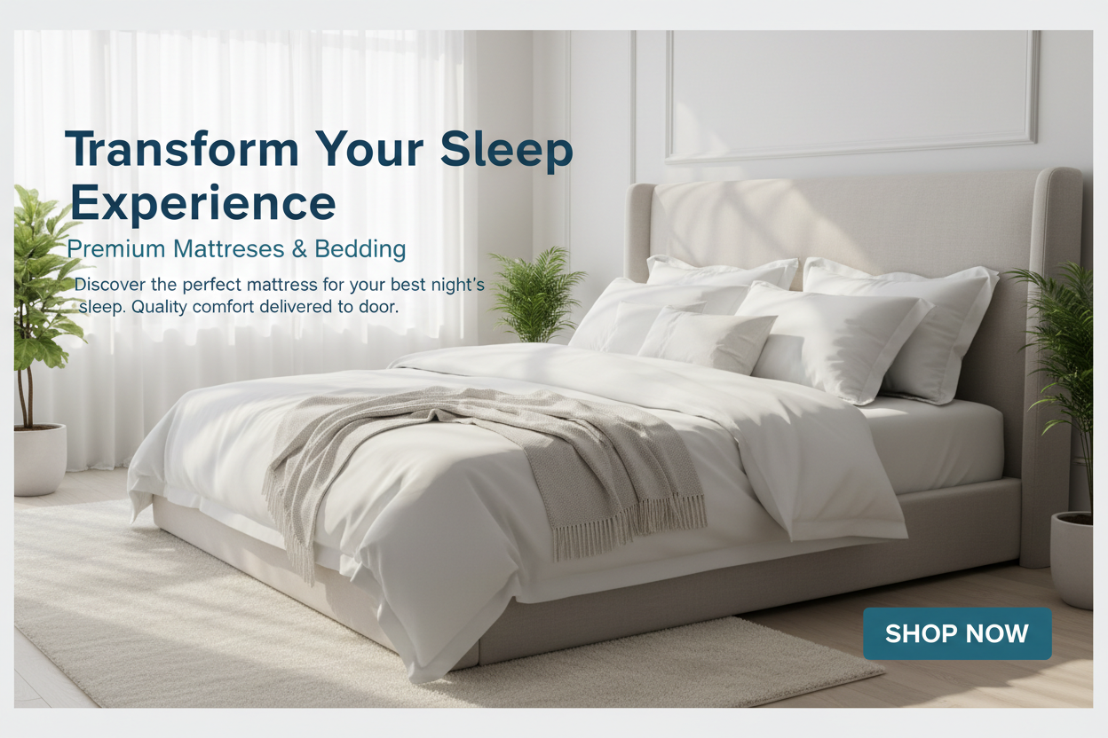 I want to generate a bed banner that is mobile and desktop friendly. Please generate me a nice professional banner with a nice title, subheading, description, and a shop now button.Kindly keep this picture full size.