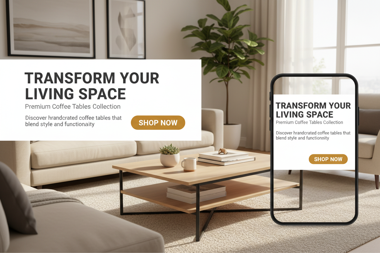 I want to generate a coffe table  banner that is mobile and desktop friendly. Please generate me a nice professional banner with a nice title, subheading, description, and a shop now button.Kindly keep this picture full size.