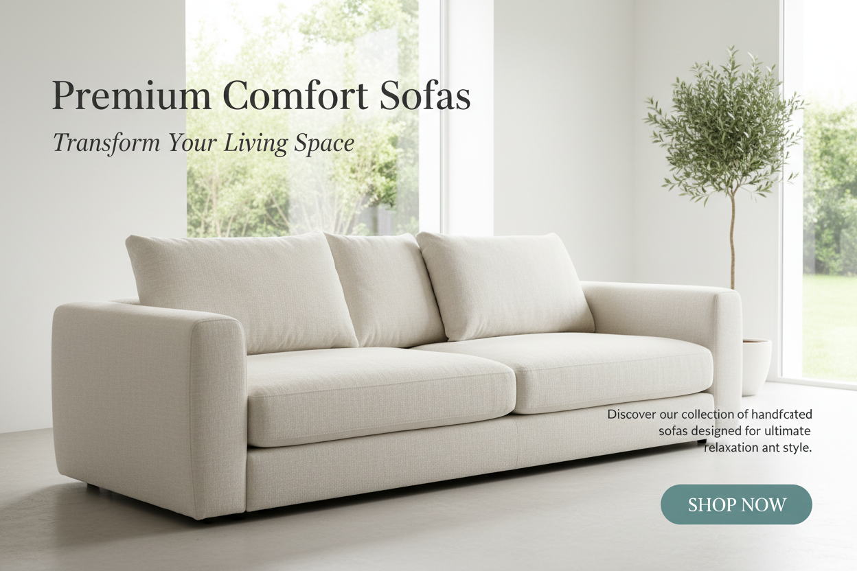 I want to generate a sofa banner that is mobile and desktop friendly. Please generate me a nice professional banner with a nice title, subheading, description, and a shop now button.Kindly keep this picture full size.